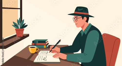 Man wearing glasses writing on paper.