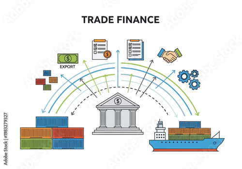 International trade finance concept with bank and cargo ship exchanging export import documents