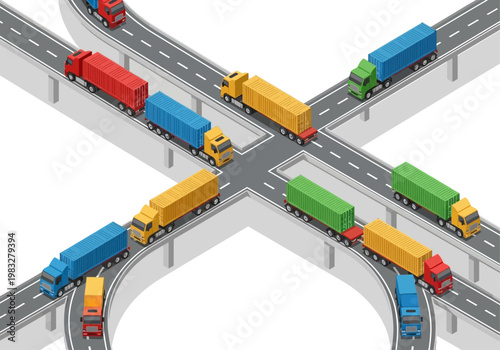 Trucks and cars intersect on a busy highway interchange system with multiple roads