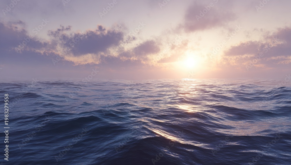 Obraz premium Gentle waves reflect a soft, pastel sunrise with scattered clouds in the sky