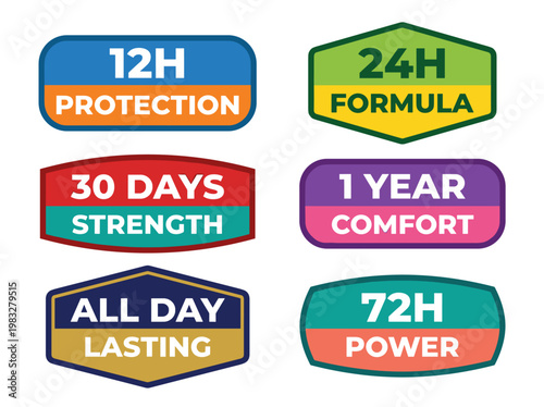 Product packaging emblem set: flat vector badges with time values and property labels on white