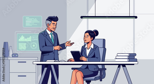 Businessman and businesswoman in office.