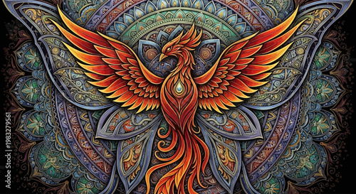 Vibrant Phoenix Bird in Flight.