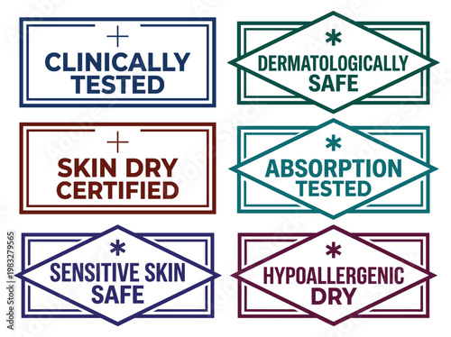Clinical certification emblem set for product packaging, rectangular and diamond skin safety marks