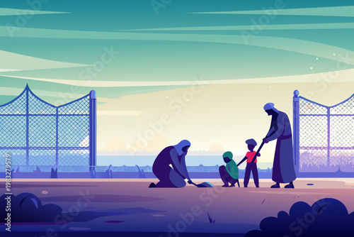 Family preparing qurban animal in clean yard with