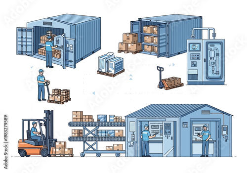 Workers loading cargo containers at a warehouse facility with forklifts and pallets