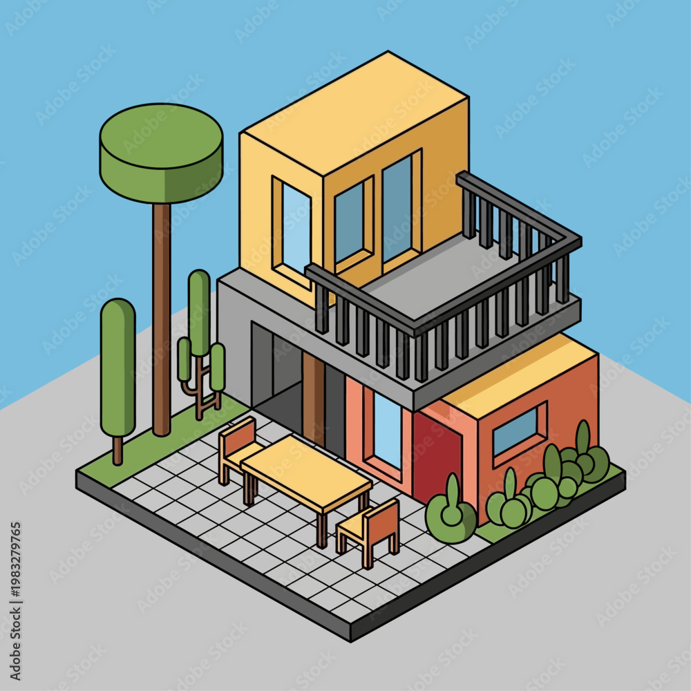 Fototapeta premium A colorful modern house with a balcony and patio area.