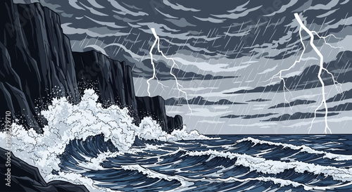 Ocean waves crashing on rocky shoreline.