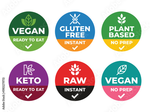 Food packaging label badge set: flat vector icons for vegan, keto, and gluten free