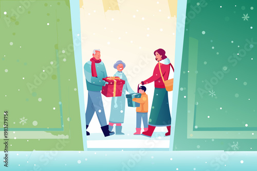 Family visiting relatives during holiday carrying