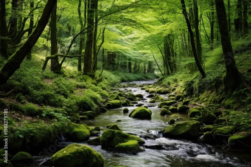 River flowing through a vibrant green forest, creating a serene natural landscape