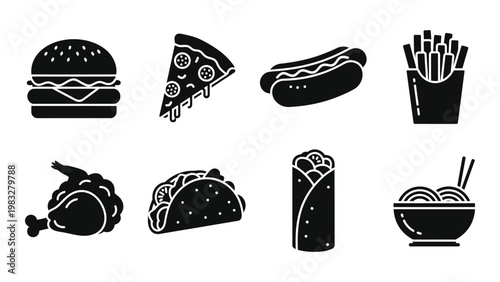 A collection of fast food icons including burgers pizza hotdogs and tacos in a simple style