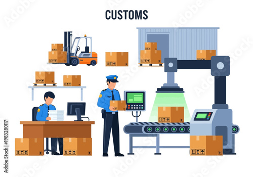 Workers inspect packages on a conveyor belt at a customs warehouse facility.