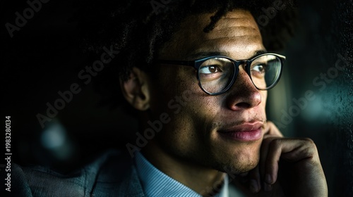 Man with glasses sits thoughtfully in a dimly lit room while looking outside at night in a city setting