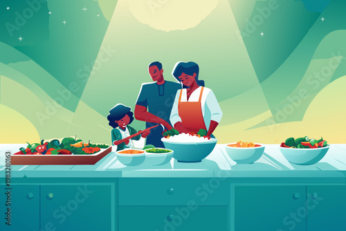 Healthy family kitchen preparing nutritious balanc