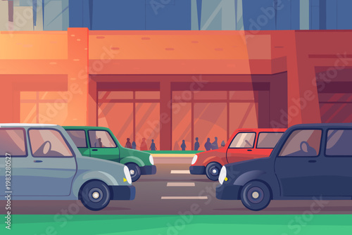 Heavy traffic near shopping mall with vehicles ent