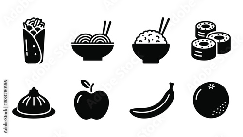 A collection of simple black and white icons depicting various foods including fruits sushi and dumplings