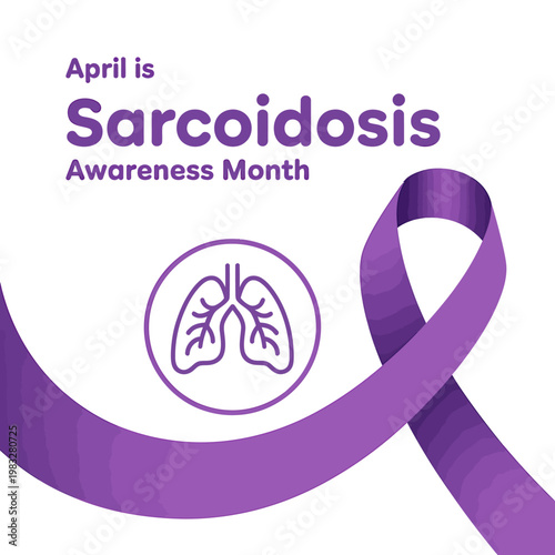 Sarcoidosis awareness month purple ribbon and lungs icon on white background
