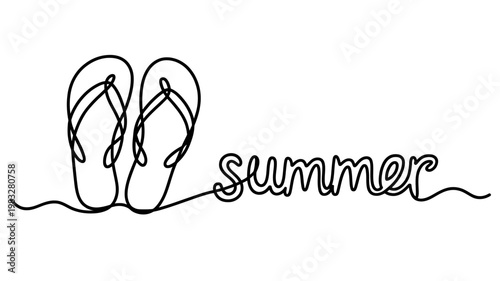 Line drawing of flip flops and summer text on white background