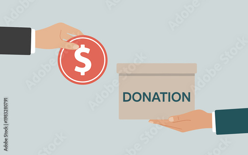 Two hands exchanging money and donation box for charity help
