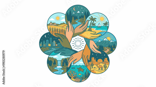 Diverse Environments United by Caring Hands Symbolizing Environmental Protection and Unity