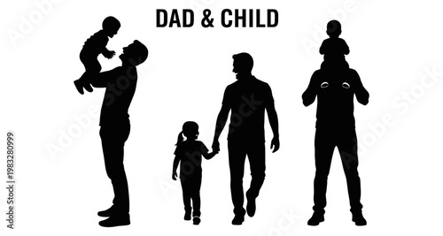 Silhouette family moments of fatherhood with young child in playful poses against white background