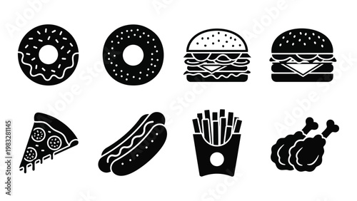 Black silhouette icons depict a variety of popular fast food items including donuts burgers pizza and fried chicken