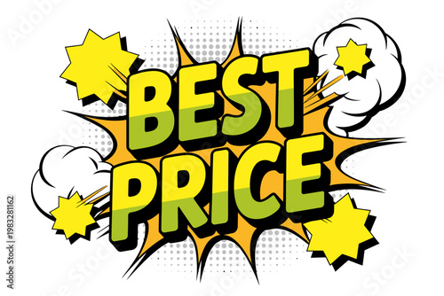 Vibrant comic book style best price advertisement with explosion effects and bold typography