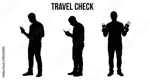 Silhouette of man checking documents and passport for travel with mobile phone in hand