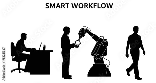 Silhouette of automated smart workflow with person at desk robot arm and walking man