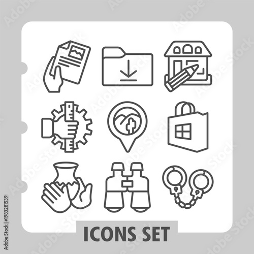 Set of nine clean, modern icons depicting book, download, home, settings, idea, security, lab, teamwork, and partnership for web and mobile interfaces.