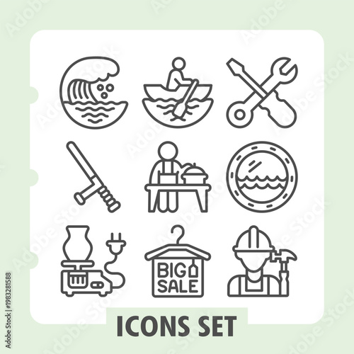 Set of nine simple icons depicting everyday activities and shopping concepts like cooking, dining, tools and sales for web or apps interface.