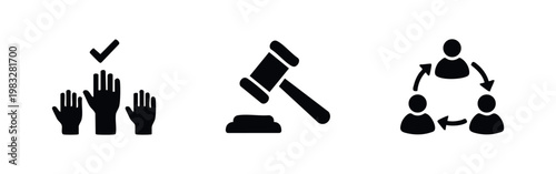 Civic and legal icon set: voting hands, gavel, group discussion
