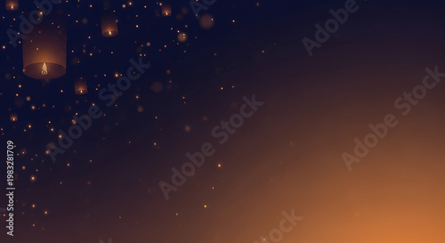 Yi Peng, gradient navy to amber, subtle lantern shapes embedded in background left