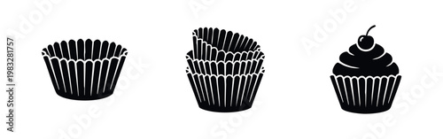 Three black icons related to cupcakes: a paper liner, stacked liners, and a decorated cupcake.