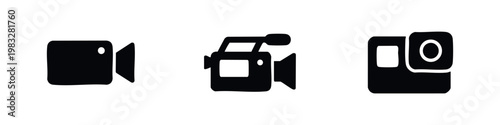 Three black icons of video cameras: a simple camera, a vintage camera, and a compact camera.