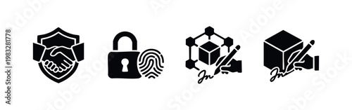 Four black icons representing security and contracts: handshake, lock, digital signature, and package signing.