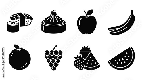 A collection of flat black silhouette icons depicting various foods sushi dim sum fruits and melon
