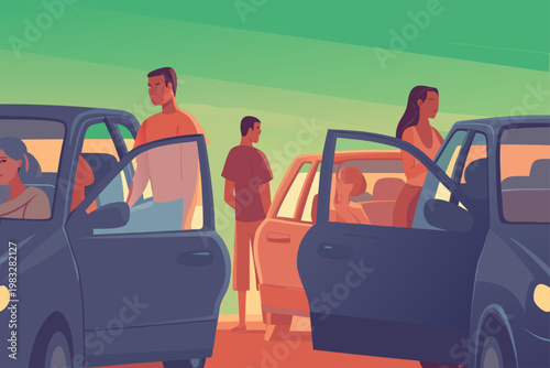 People getting out of cars due to long traffic sta