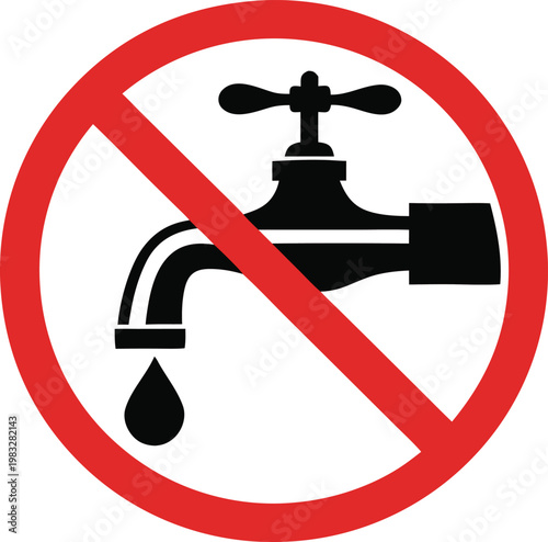 No water tap symbol, dripping faucet with red prohibition sign.