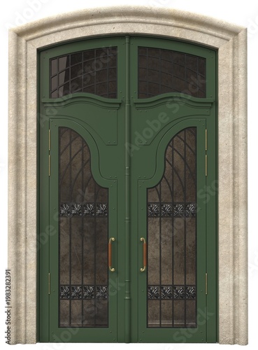 Elegant double arched entrance door with decorative glass and wrought iron details