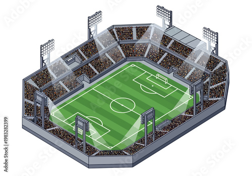 An isometric illustration of a brightly lit soccer stadium with green turf and tiered seating for spectators.