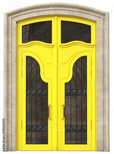 Elegant double arched entrance door with decorative glass and wrought iron details