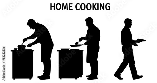 Silhouettes of men cooking and serving food in a kitchen setting