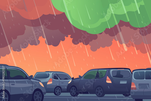 Traffic congestion during heavy storm with wind an