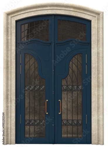 Elegant double arched entrance door with decorative glass and wrought iron details