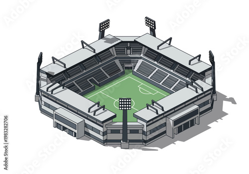 An isometric illustration of a modern, multi-tiered sports stadium with a green field and bright floodlights.