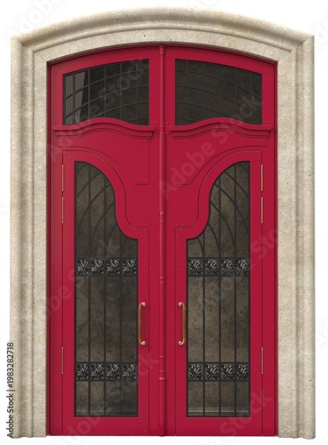 Elegant double arched entrance door with decorative glass and wrought iron details