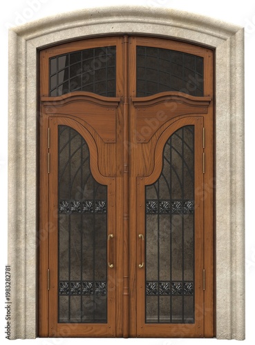 Elegant double arched entrance door with decorative glass and wrought iron details