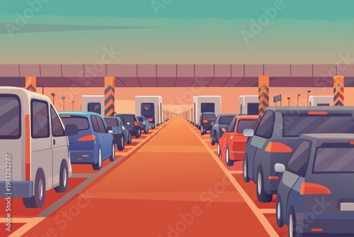 Traffic jam near toll booth with vehicles lining u
